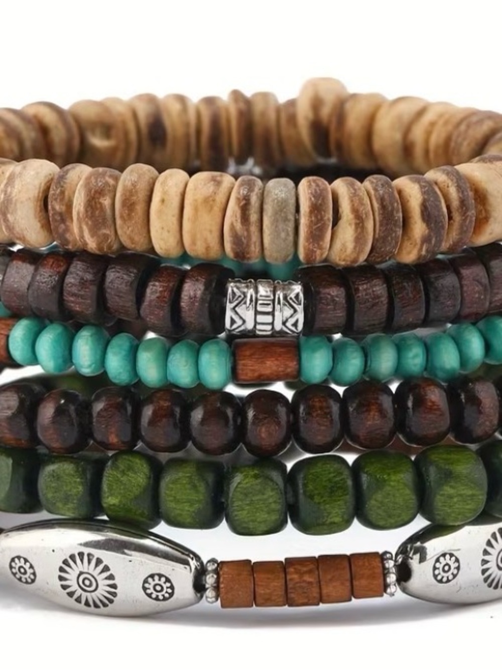 Handmade Mixed-Bead Stackable Bracelet Set - Turquoise, Green, Brown - Picture 5 of 5